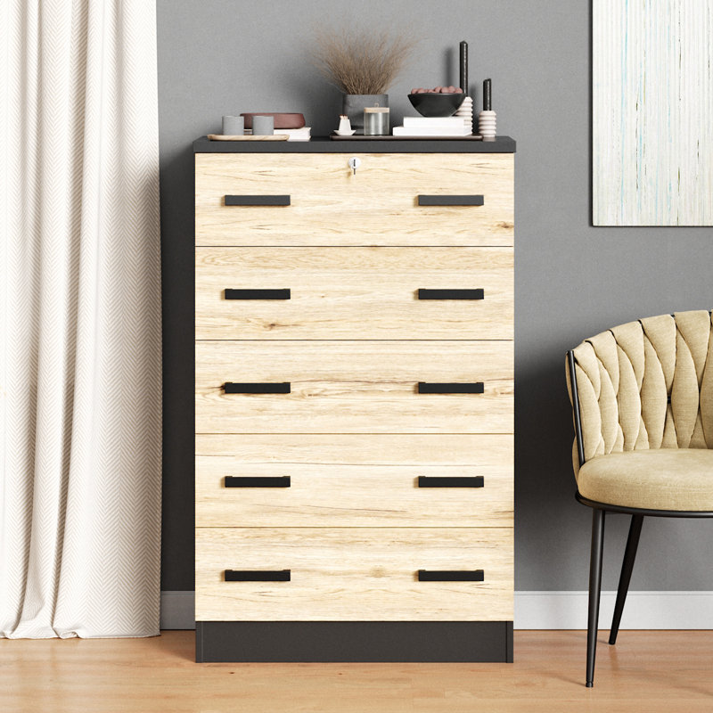 Basurto 5 Drawer Chest Wooden Dresser with Lock, Dark Gray & Natural Oak