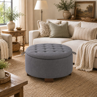 Minimalist Multi-functional Reversible Tray Lid Round Storage Ottoman for Living Room and Bedroom