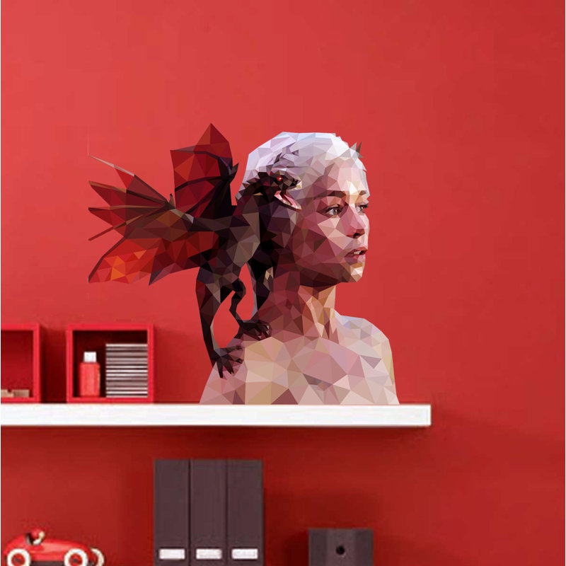 Décalcomanie murale fille dragon polygonale, H 20 po x l 22 po