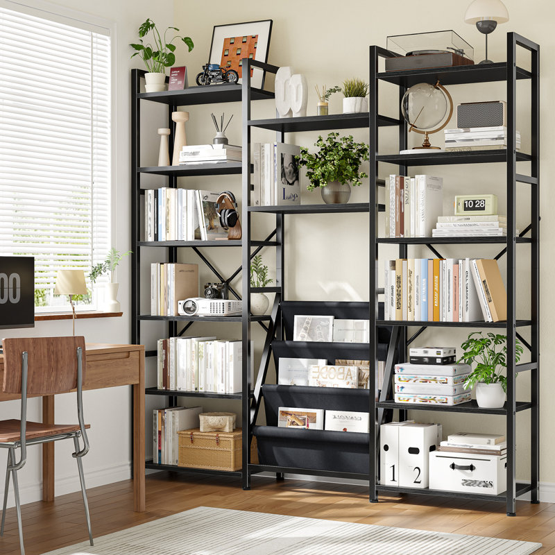 5/6-tier Bookcase With Hanging Fabric Bins, Adjustable Shelves, Storage Unit, Black, 6-Tier