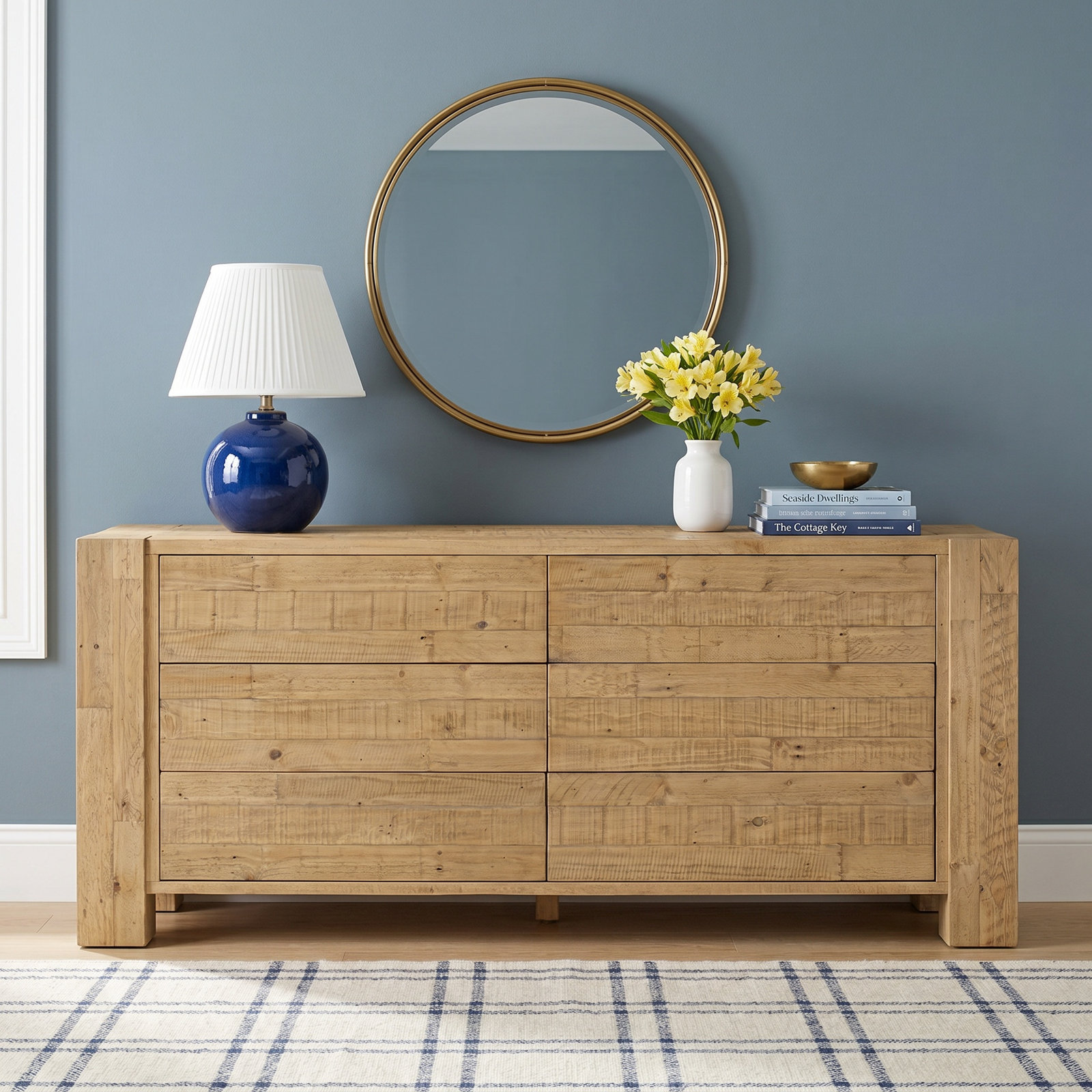 Finnian 6 Drawer Dresser-Light Blonde Pine, Aged Black Pine