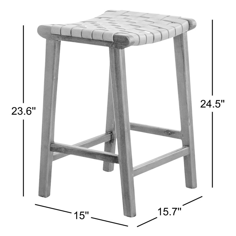 Tabouret de comptoir en teck massif avec siège en cuir véritable, Brun