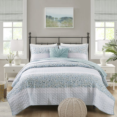 Courtepointe très grand / très grand et très grand coussin en tissu gaufré - Motif botanique chic et chic remplissant un lit lavable bleu jaune blanc