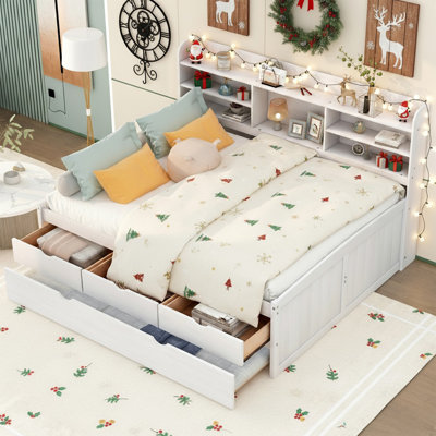 Trundle Captain Platform Bed With Underbed Storage Drawers & Headboard Bookshelf, Wood & Mdf Frame, No Box Spring Needed, Assembly Required