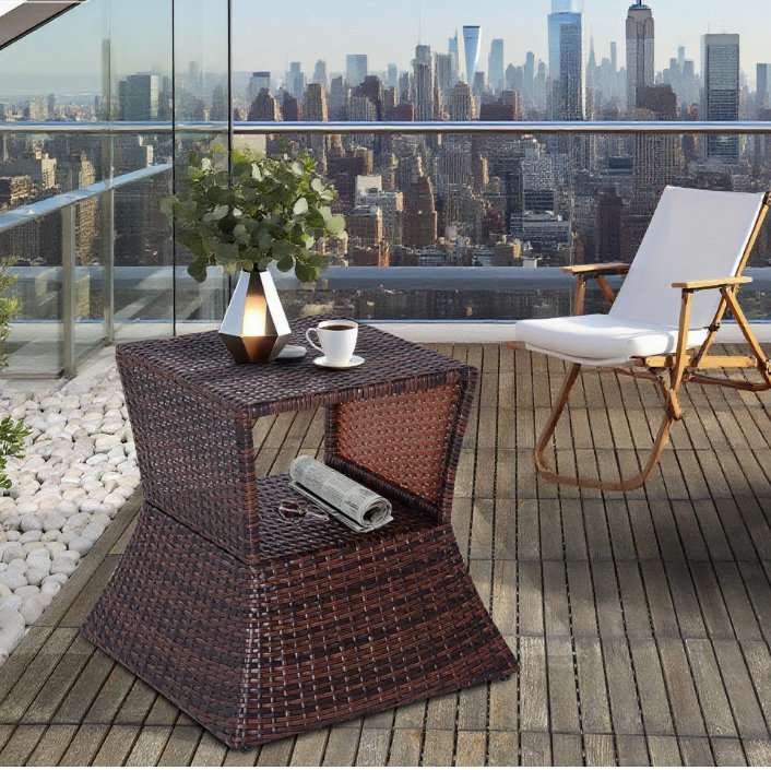Outdoor Side Table With Umbrella Hole, Rattan Wicker End Table