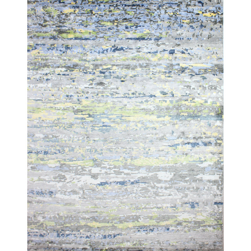 Gray and Blue Hand-knotted Viscose Abstract 9' x 12' Rug