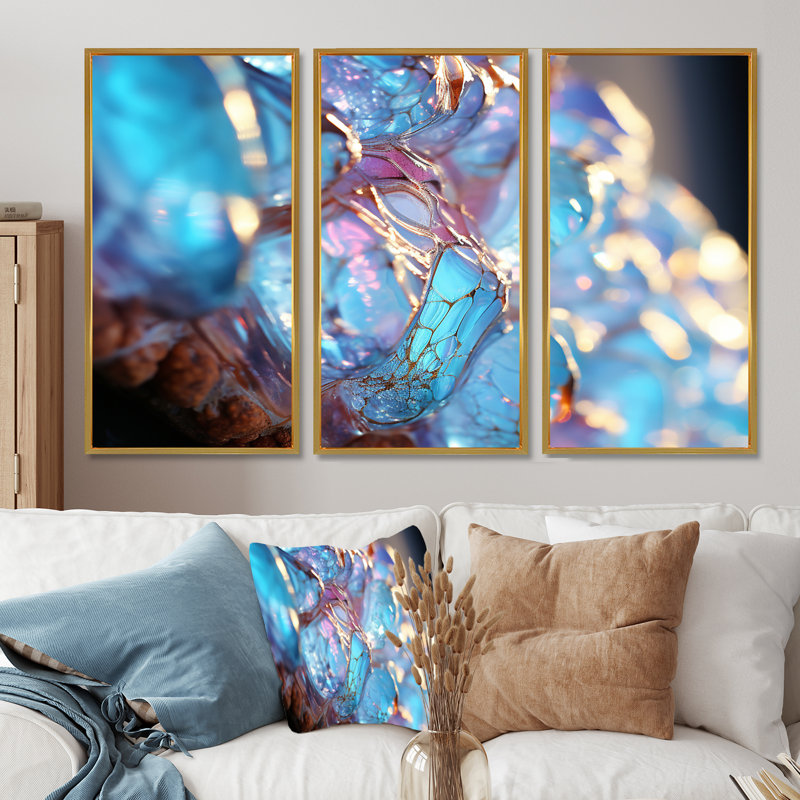 «Turquoise Crystal Structure», ensemble d'art mural abstrait, Cadre flottant doré, H 40 po x l 60 po x P 1 po