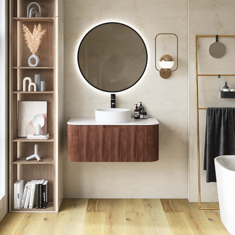 Meuble-lavabo mural rayé à rebords incurvés pré-assemblés avec lavabo, tiroir, lavabo en céramique blanche sans robinet, couleur grain de bois noyer foncé