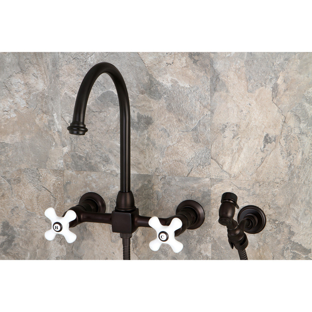 Kingston Brass Restoration Double-Handle 3-Hole Wall-Mount Bridge Kitchen Faucet with Brass Sprayer Kingston Brass 