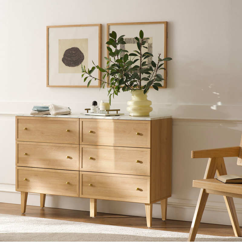 Natural Oak 6-Drawer Dresser with Faux Marble Top and Golden Handles
