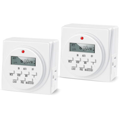 iPower 7 Day Heavy Duty Digital Programmable Electric Timer, Indoor Dual Outlet Switch for Lights, Appliance, Pool Pump, 125VAC, 15A, 60 Hz, 1725W, White, 2-Pack