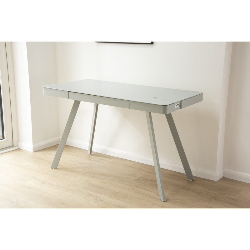 Glass Top Metal Base Computer Desk with Power Outlet