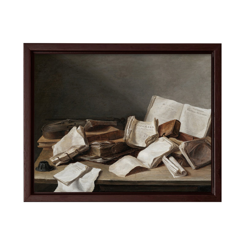 Nature morte avec des livres, Canevas, H 24 po x l 32 po, Encadrement brun