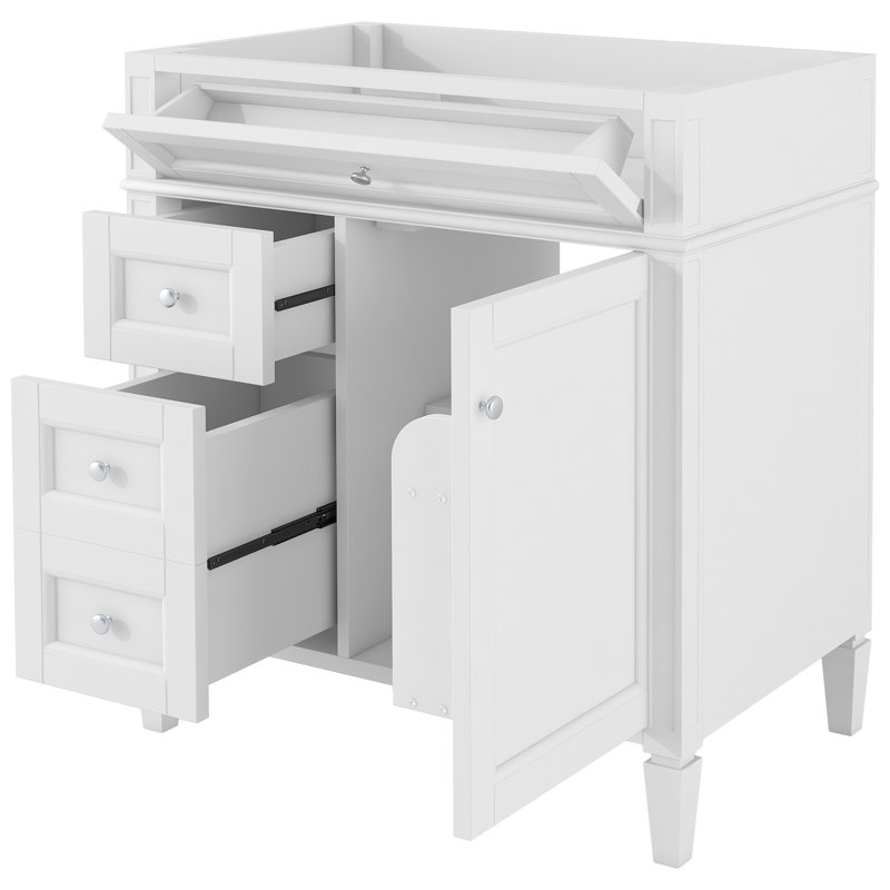 Meuble-lavabo moderne de 30 po sans lavabo supérieur, 3 tiroirs avec 1 tiroir coulissant, organisateur de porte d'armoire, tablette ajustable, glissières de tiroir en métal lisse, pieds romains exquis, poignée texturée,