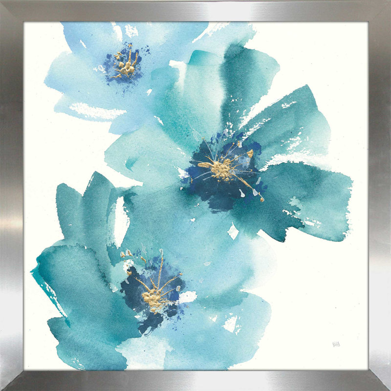 «Teal Cosmos IV», reproduction de peinture à l'aquarelle, H 31,5 po x l 31,5 po x P 1 po, Encadrement argenté