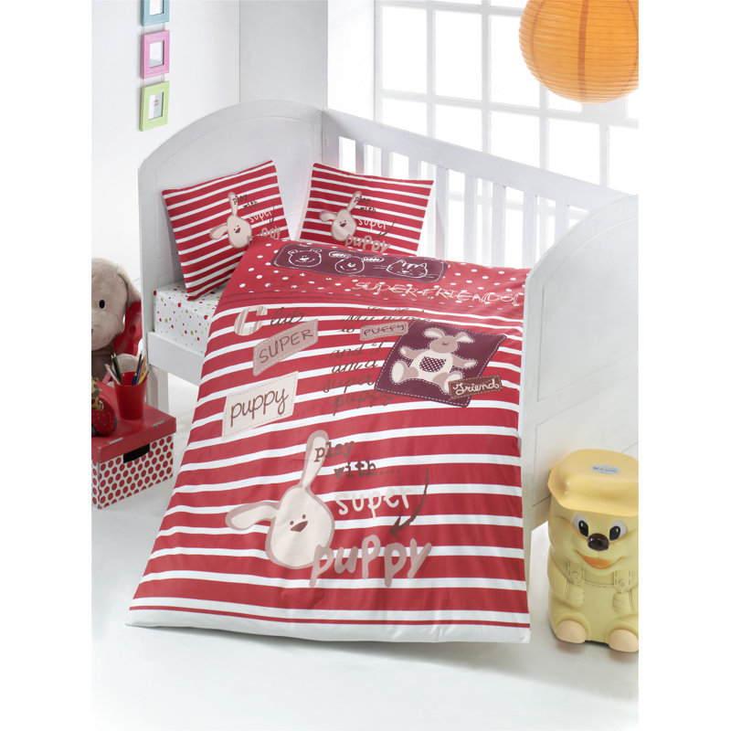 Ensemble de housse de couette 100% coton Ranforce Baby, rouge et blanc / beige, housse de couette et drap plat 39,4 po x 59,1 po | 2 taies d'oreiller 13,8 po x 17,7 po | 145 fils, fermeture à boutons, lavable à la machine, doux et confortable