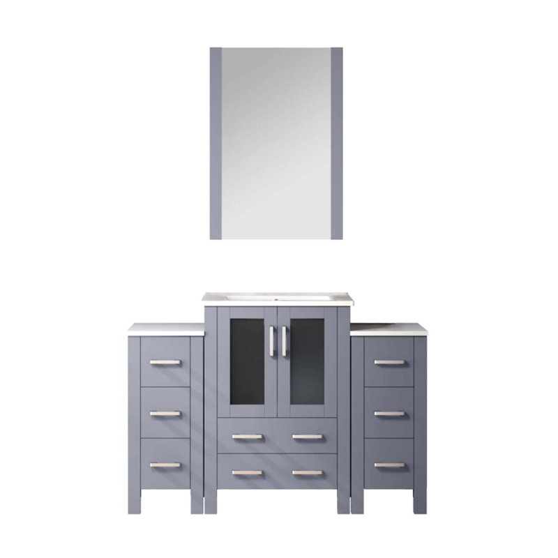 Meuble-lavabo simple avec armoires latérales, comptoir en céramique et miroir