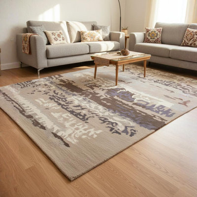 Tapis moderne en laine à motif abstrait peinte à la main lavande, gris ardoise, gris anthracite, brun clair et crème Pender Authentic