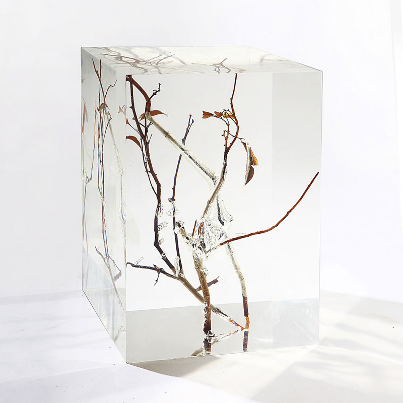 Cubic Crystal Pedestal - Luxury Crystal Acrylic Pedestal with Natural Wood Branches – Clear Modern Display Stand