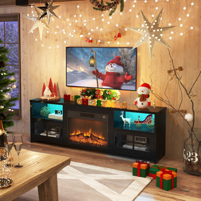 Livofloral Fireplace TV Stand for 75 Inch TV with LED Lihts, Entertainment Center with 23” Electric Fireplace, LED TV Console Table with Open Storage