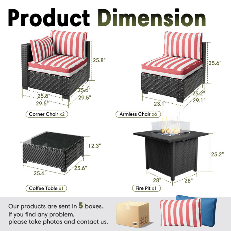 Ensemble de conversation modulaire en rotin avec ensemble de conversation pour 8 personnes, Rouge / Blanc