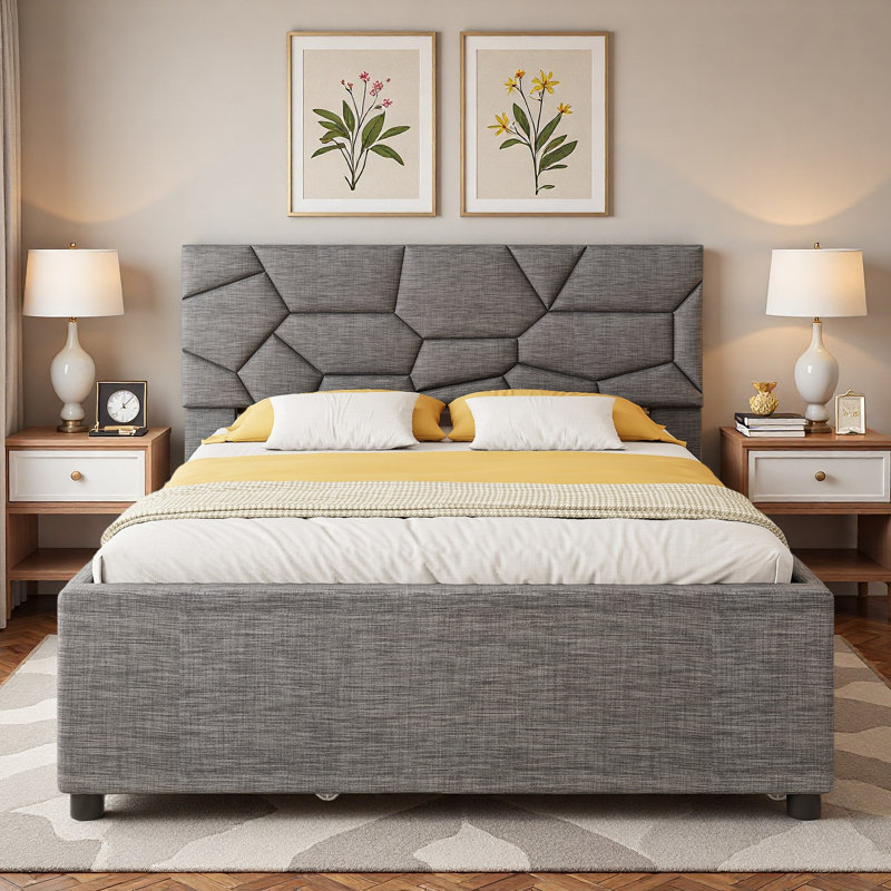 Lit plateforme tapissier avec tête de lit et lit gigogne à motif brique, Gris