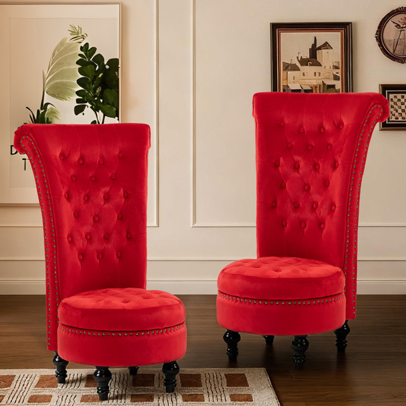 High Back Throne Royal Chair Set of 2, Velvet Armless Accent with Storage, Nailhead Trim, Solid Rubberwood Legs for Living Room Bedroom，Red