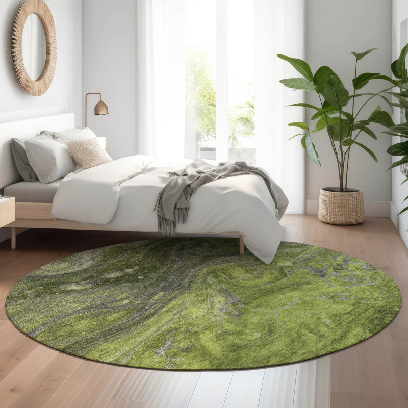 Premium Machine Washable Cerrito AMF599 Green Rug, Round 8'