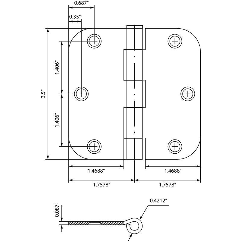 Charnières de porte de 3 1/2 po, coin de rayon de 5/8 po, Bronze frotté à l'huile