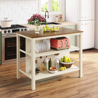 Îlot de cuisine en bois massif pour petits appartements - Blanc crème, chariot en bois d'hévéa avec plateau spacieux en noyer et blanc crème