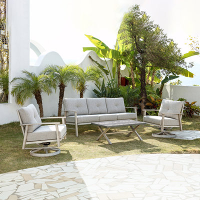 Seehill Aluminum 4-Piece Outdoor Patio Set, 3-Person Sofa, 2 Swivel Chairs & Coffee Table, UV-Resistant, Weatherproof, Easy Assembly For Backyard, Poolside, Garden, Commercial Spaces, Silver Gray