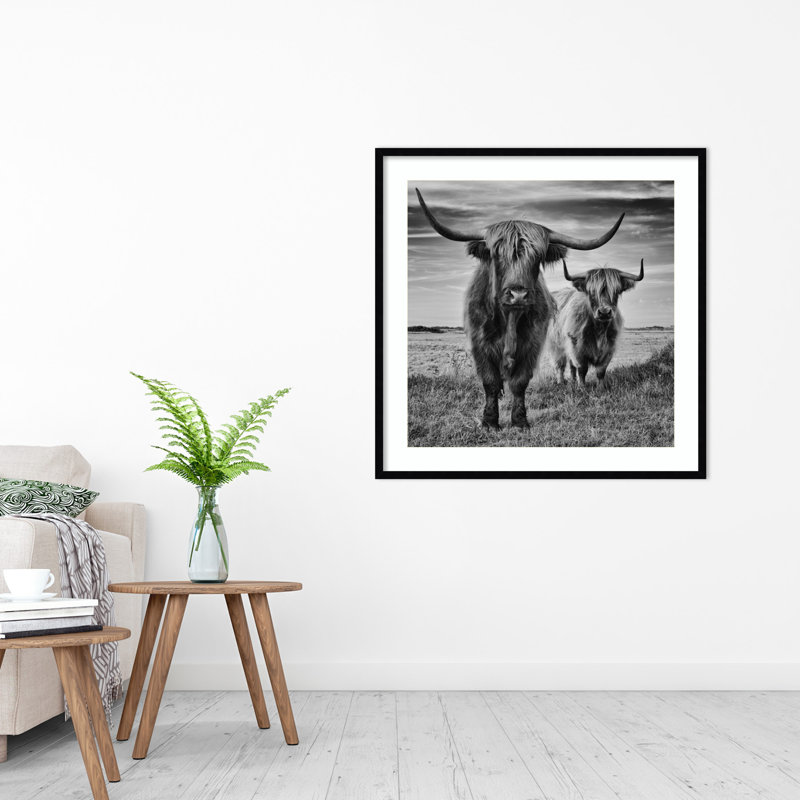 «Highland Cow Couple» par Stephane Pecqueux, reproduction d'art murale en bois encadrée, H 41 po x l 41 po x P 1 po
