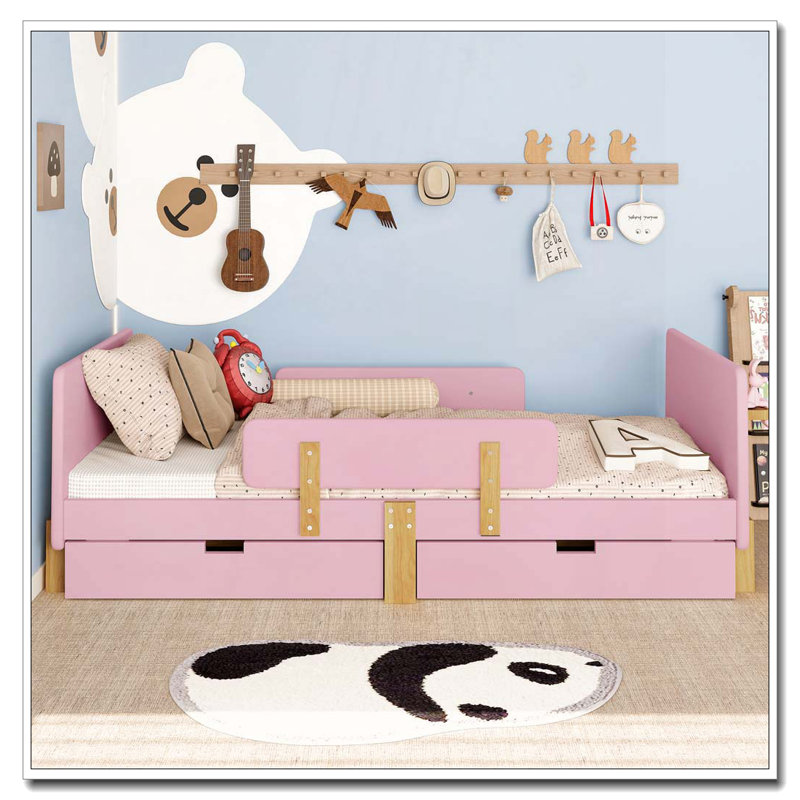 Lit plateforme avec tiroirs de rangement, structure de lit en bois massif avec garde-corps, petite tablette et crochets, Rose