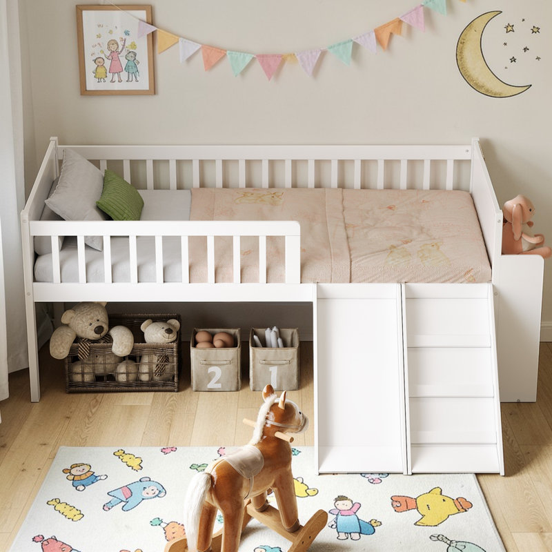 Twin Size Low Loft Bed With Slide, Staircase & Built-In Storage Shelves, White