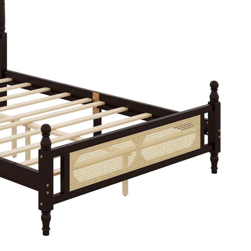 Lit en bois de pin avec tête et pied de lit en rotin, Roi, Espresso