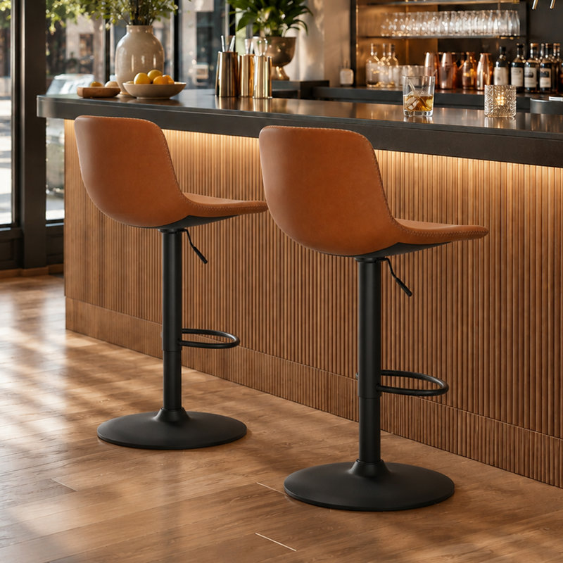 Chaquilla Swivel Upholstered Adjustable Height Counter Stool with Metal Frame, Black, Whiskey Brown