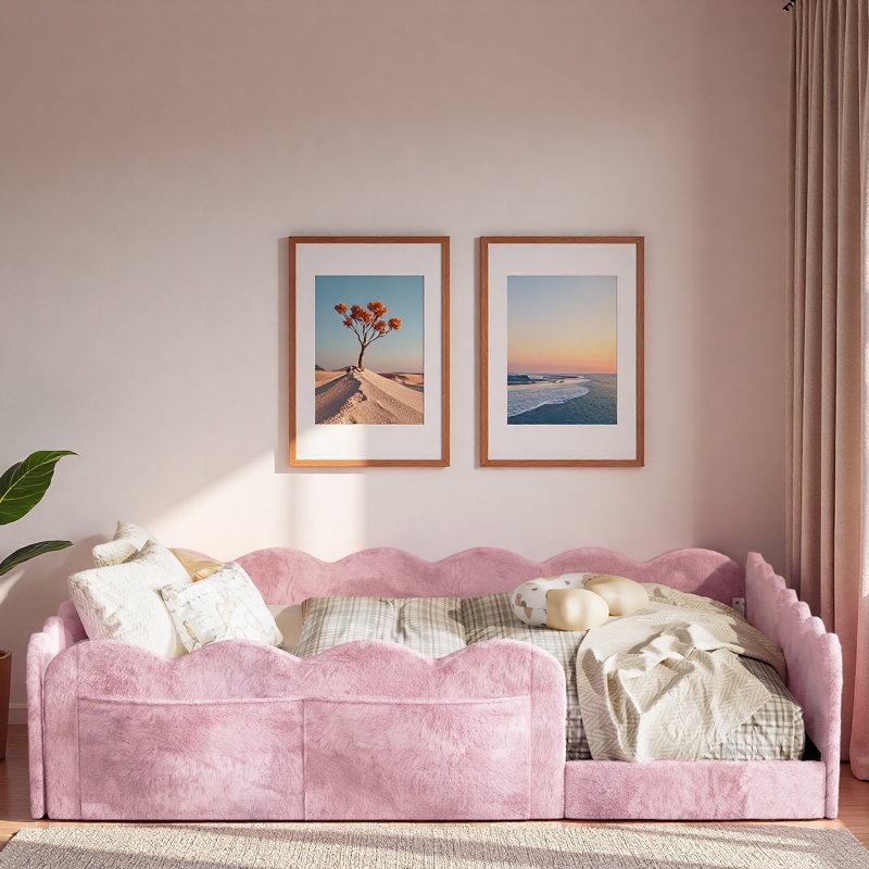Lit rembourré pour enfants avec garde-corps en forme de vague et poches de rangement latérales, Lit double, Rose