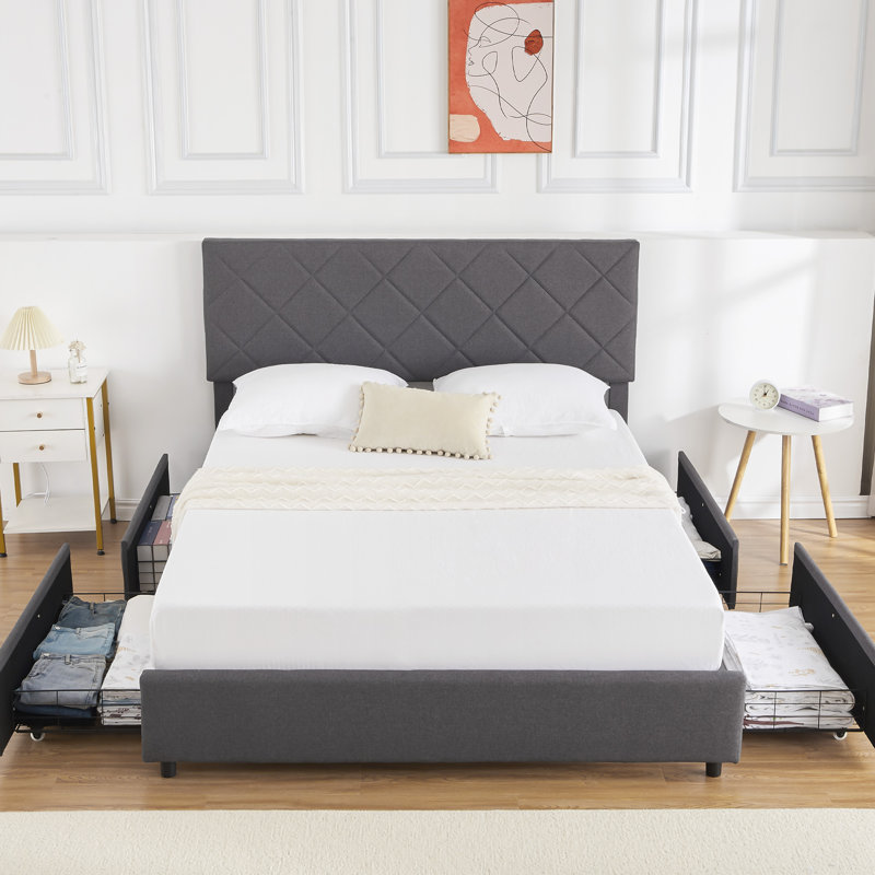 Upholstered Platform Bed Frame With 4 Storage Drawers And Adjustable Headboard, Queen