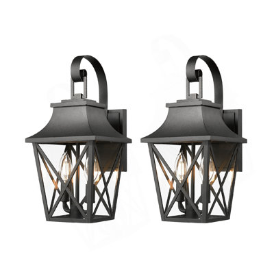 Black Outdoor Wall Lantern 2-Light, Large Outside Modern Wall Sconce Light Fixture, Industrial Porch Light Wall Mount With Glass, Waterproof Farmhouse Exterior Lamp Lighting (2 Pack)