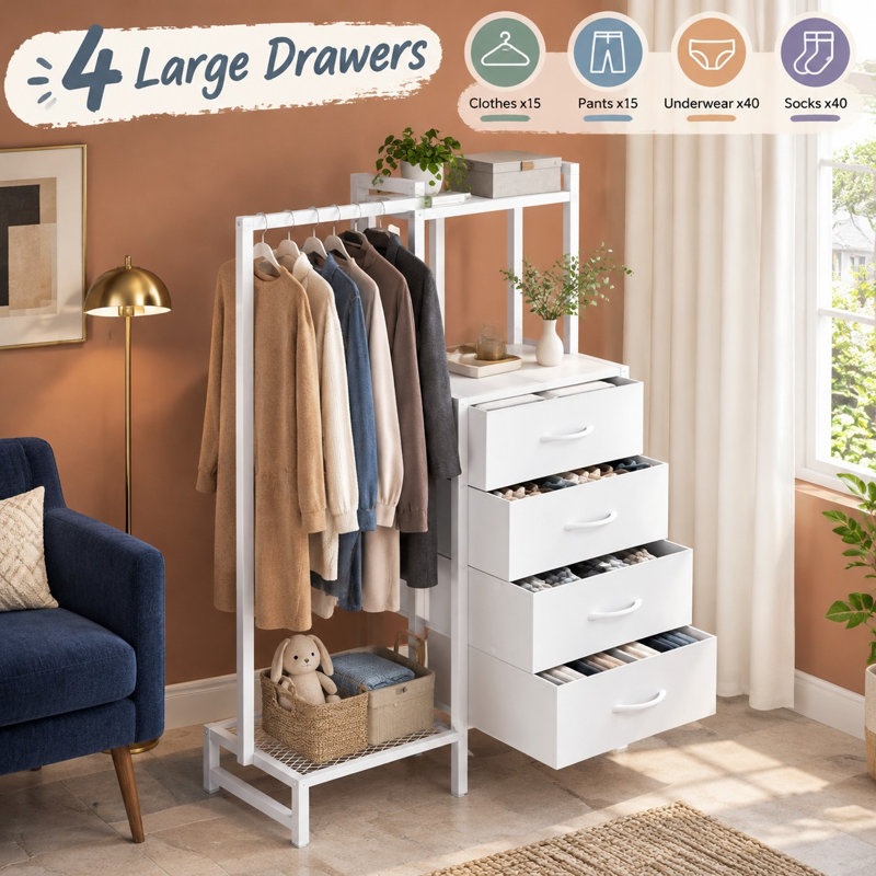 Commode blanche avec support suspendu - Petite commode pour chambre à coucher avec 4 tiroirs, commode de 44 po de hauteur, commodes réversibles pour enfants avec tablette de rangement, commodes de placard, essentiels de chambre de résidence, structure robuste
