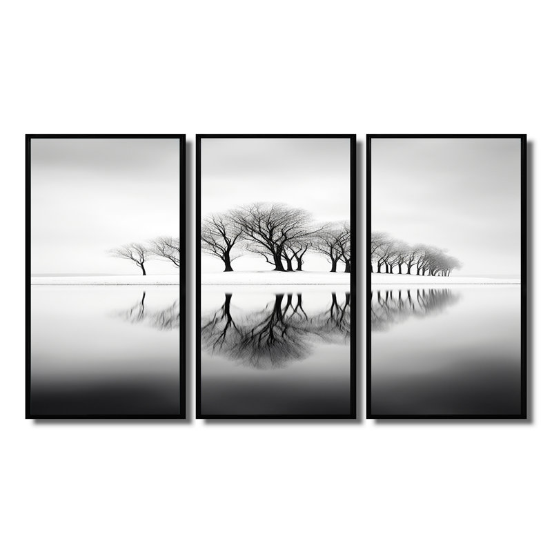 «Black Winter Tree Silhouettes On», art mural rivière, Cadre flottant noir, H 32 po x l 48 po x P 1 po