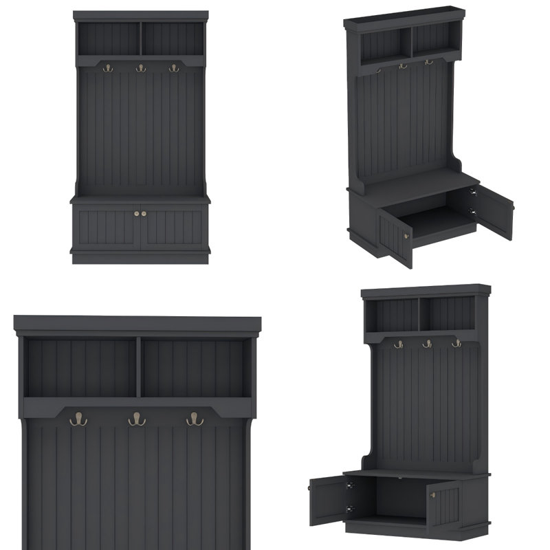 Modern 4-in-1 Entryway Hall Tree with Shoe Bench, Storage Cabinet & Display Shelf, Black, Black