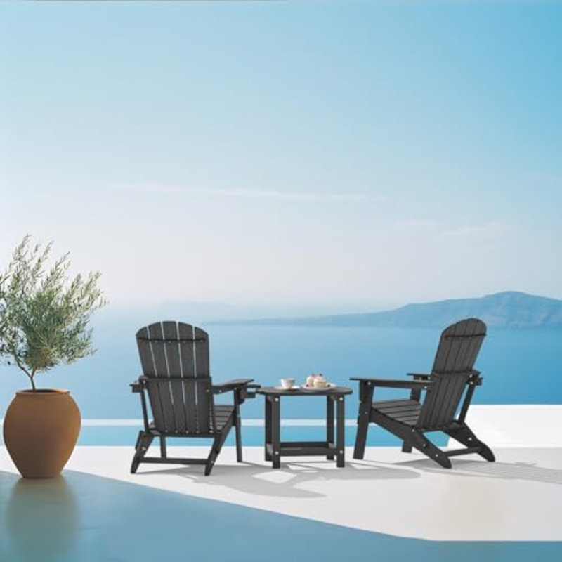 Folding Adirondack Chair, SGS Tested, Wooden Textured with Cup Holder, Heavy All-Weather HDPE Comfortable Set Poolside Backyard Lawn