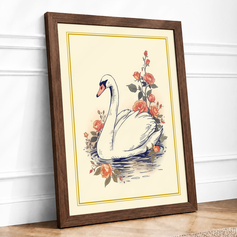 Swan Among Blossoms Botanical - Print, A2 - 59.4 x 42.0 cm, Walnut