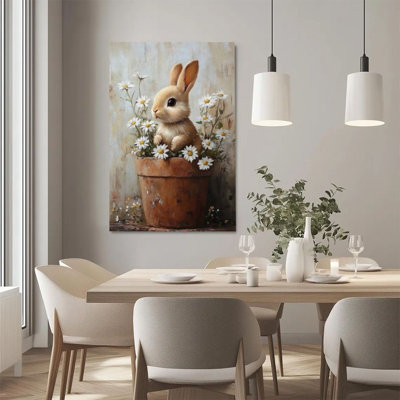 1Pc Pâques impression sur toile encadrée lapin de Pâques, pot de fleur de marguerite, art de peinture à l'huile réaliste - prêt à accrocher - décor chrétien moderne, parfait pour la décoration de salon, chambre à coucher, bureau, décoration de la maison, art biblique
