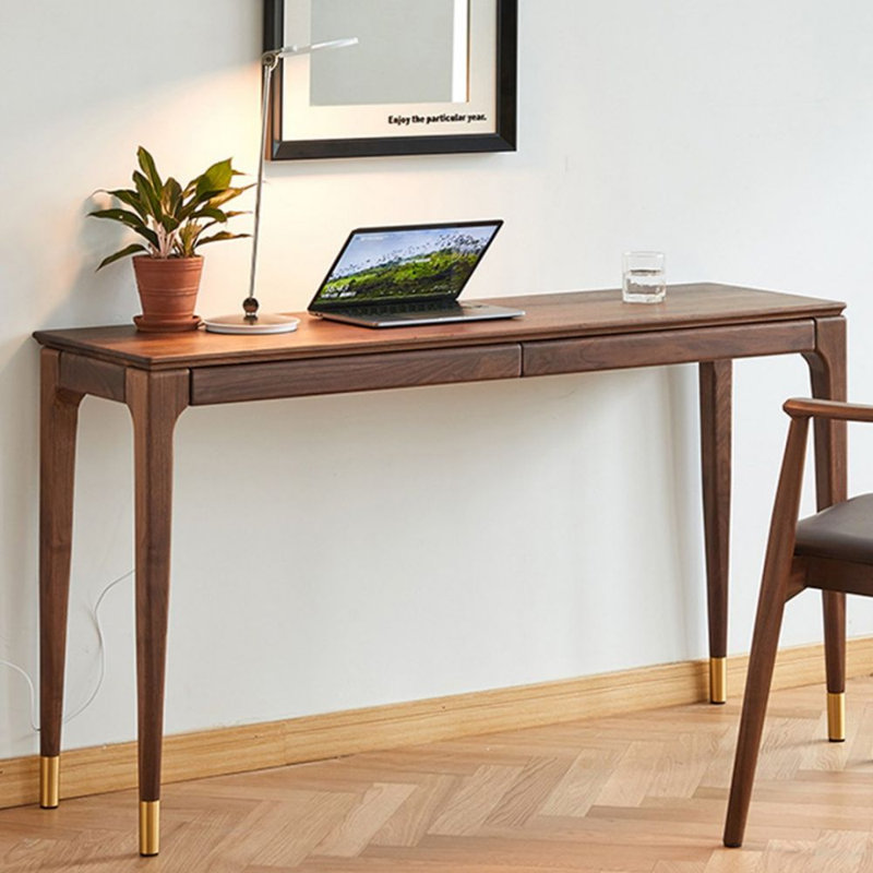Bureau rectangulaire en bois massif de couleur noyer noir avec 2 tiroirs