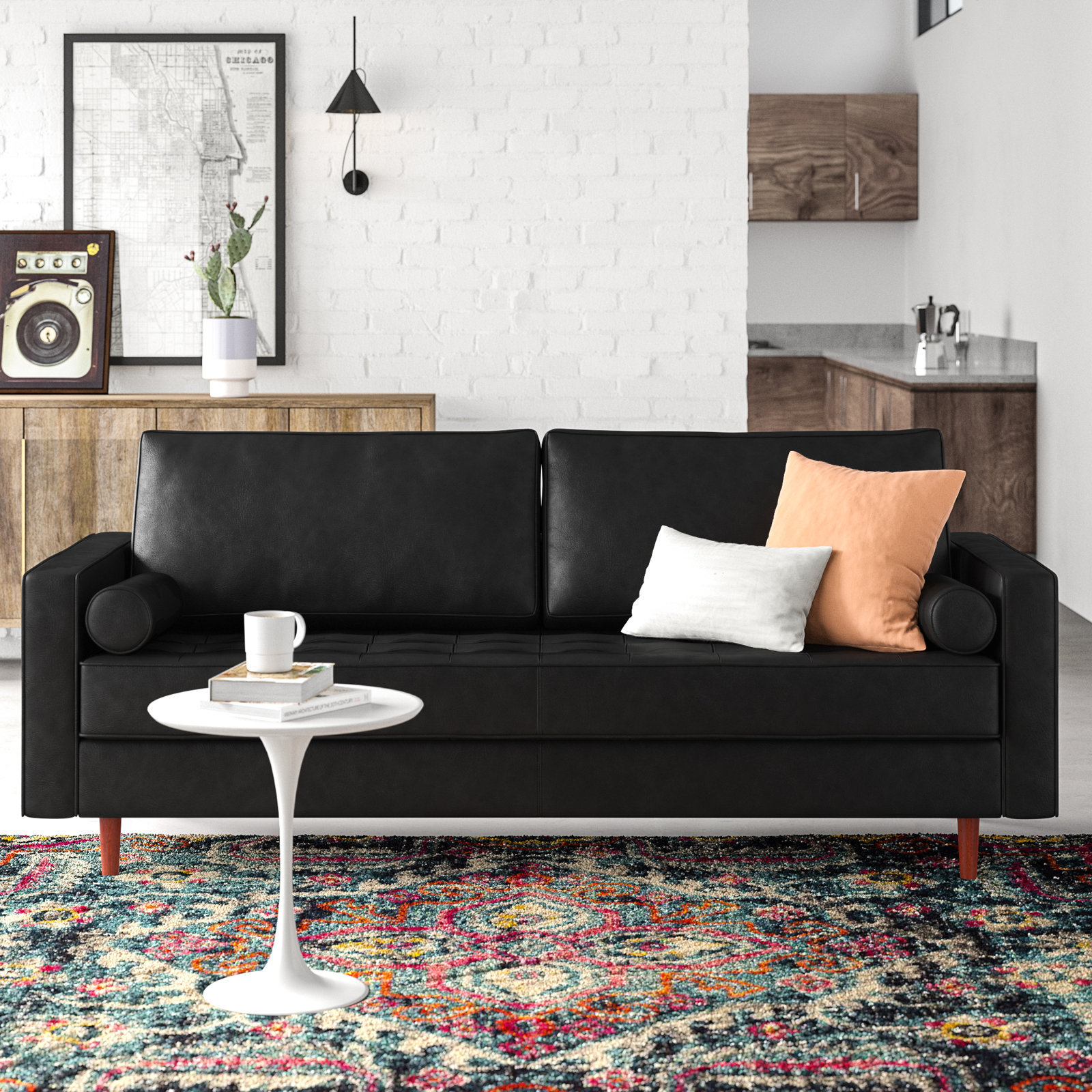 Geo 84" Genuine Leather Sofa, Vintage Black Genuine Leather