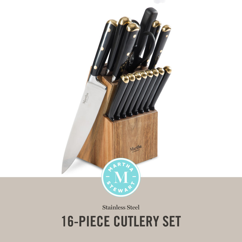 Martha Stewart 16 Piece Lockton High Carbob Stainless Steel Cutlery Kitchen Knife Block Set W/ ABS Tripe Riveted Forged Handle Acacia Wood Block - Sage Green W/ Gold