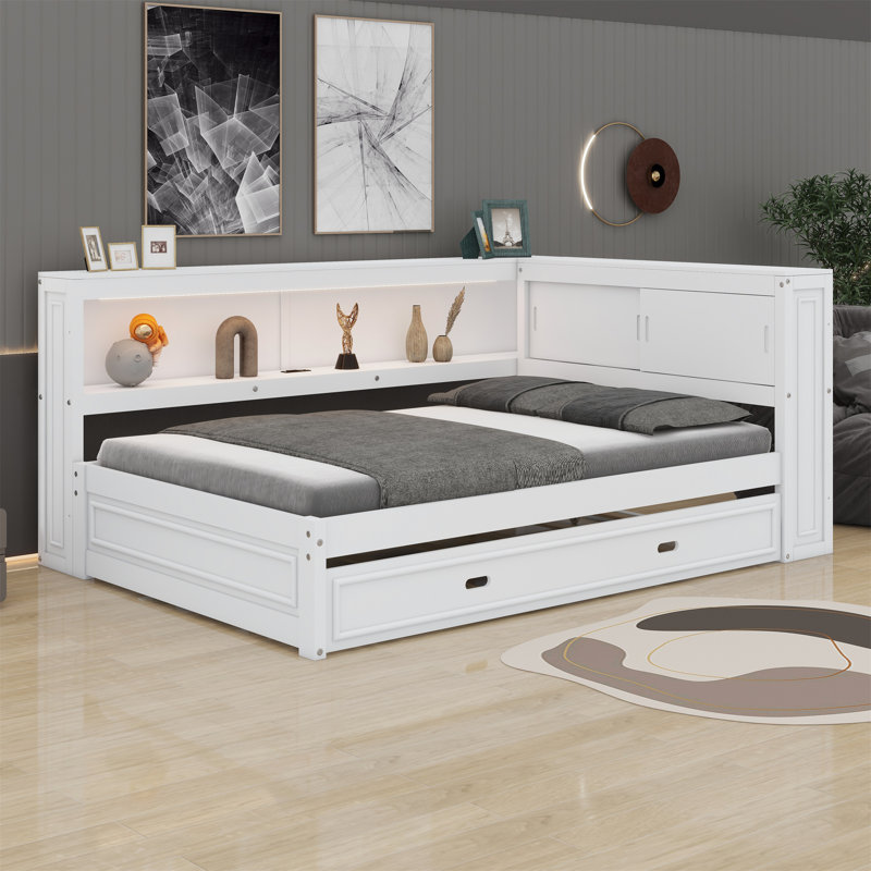 Daybed With Storage Shelves, USB, LED, And Trundle, White