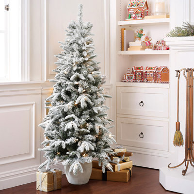5Ft Pre-Lit Snow Flocked Slim Fir Potted Artificial Christmas Tree